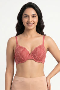 Zivame Bare Whispers Padded Wired Medium Coverage Plunge Neck Lace Bra - Dusty Cedar — thumbnail 2
